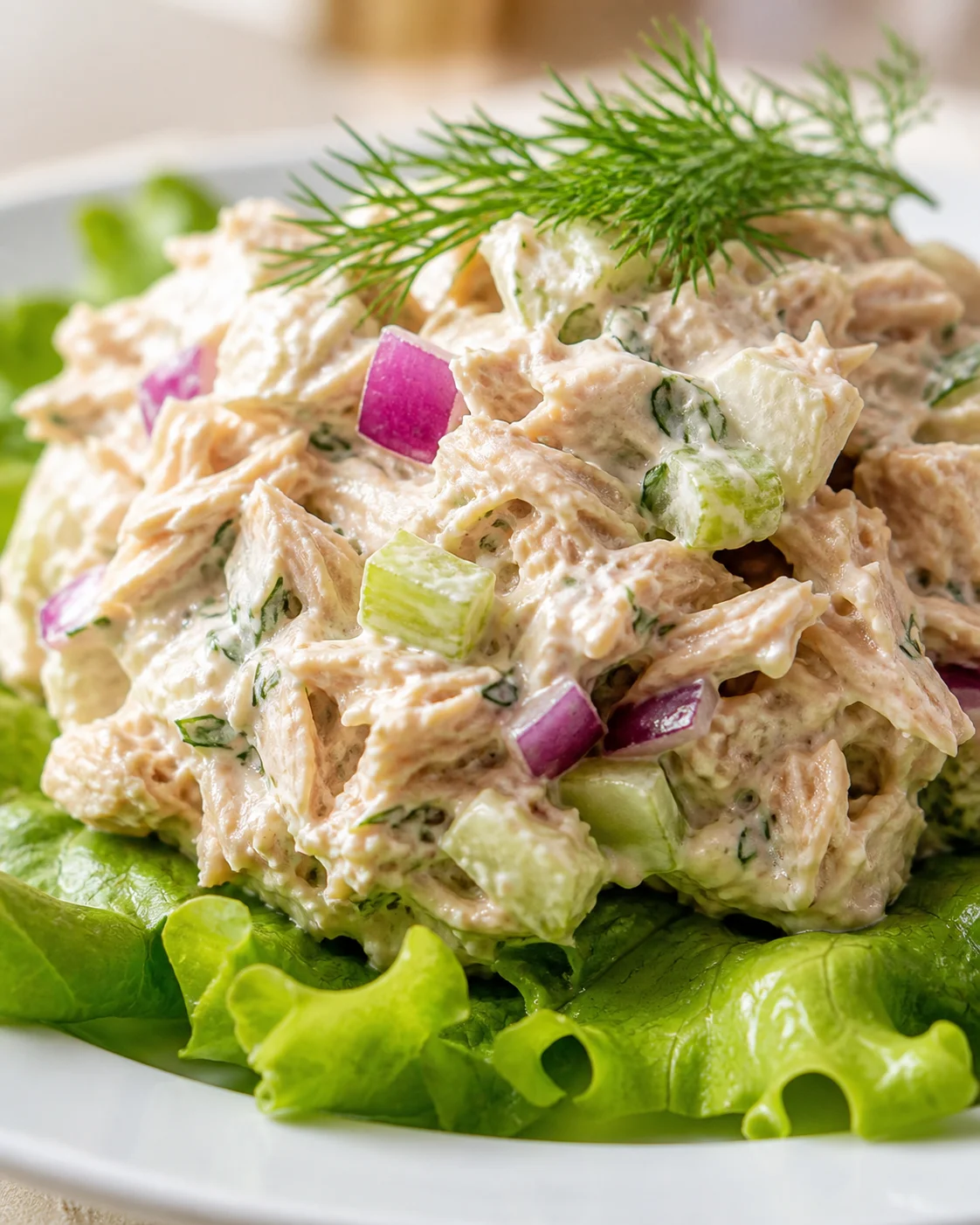 Creamy tuna salad with chopped celery, cucumber, red onion on green lettuce leaves, garnished with dill.