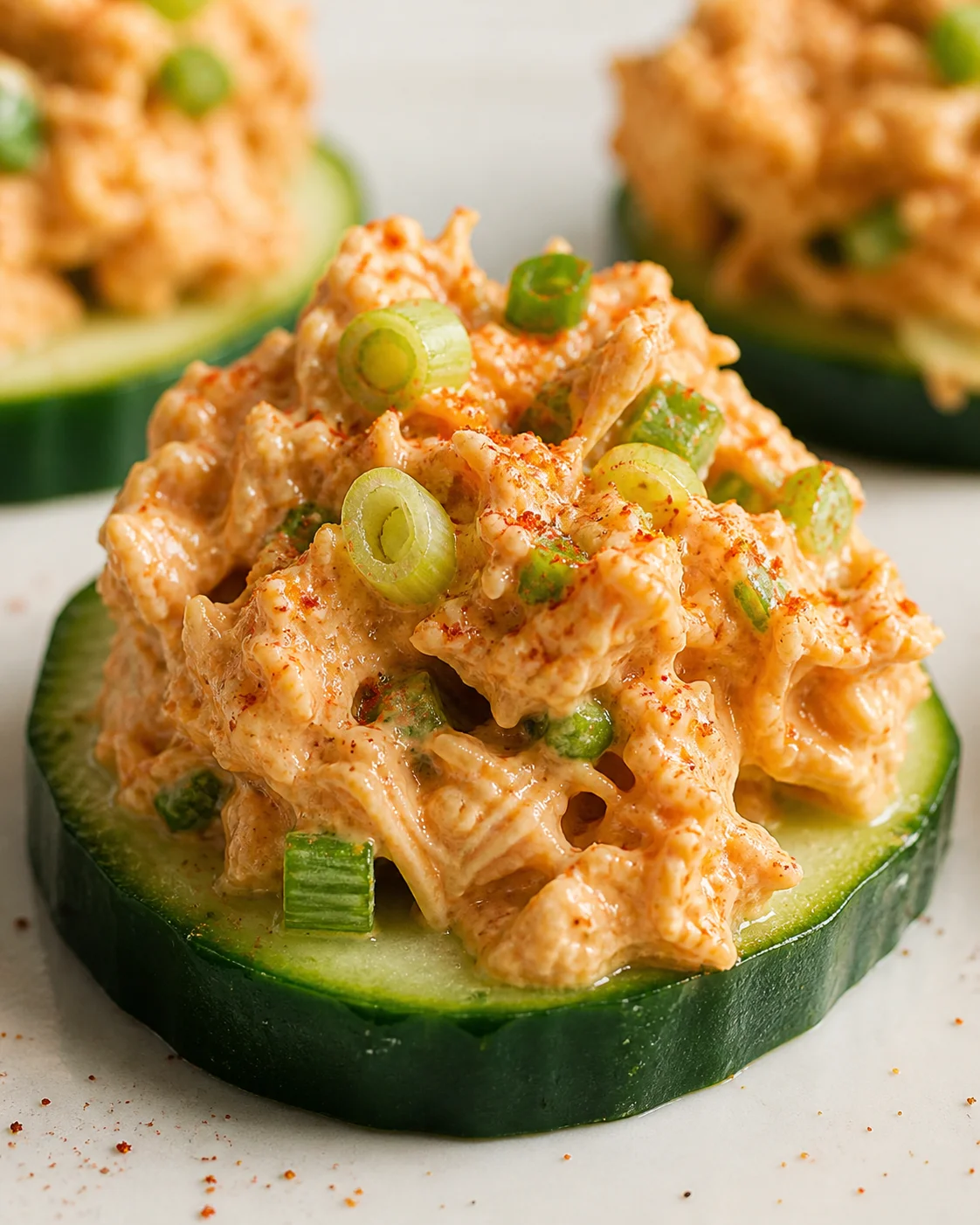 Close-up of cucumber rounds topped with creamy tuna salad and sliced green onions.