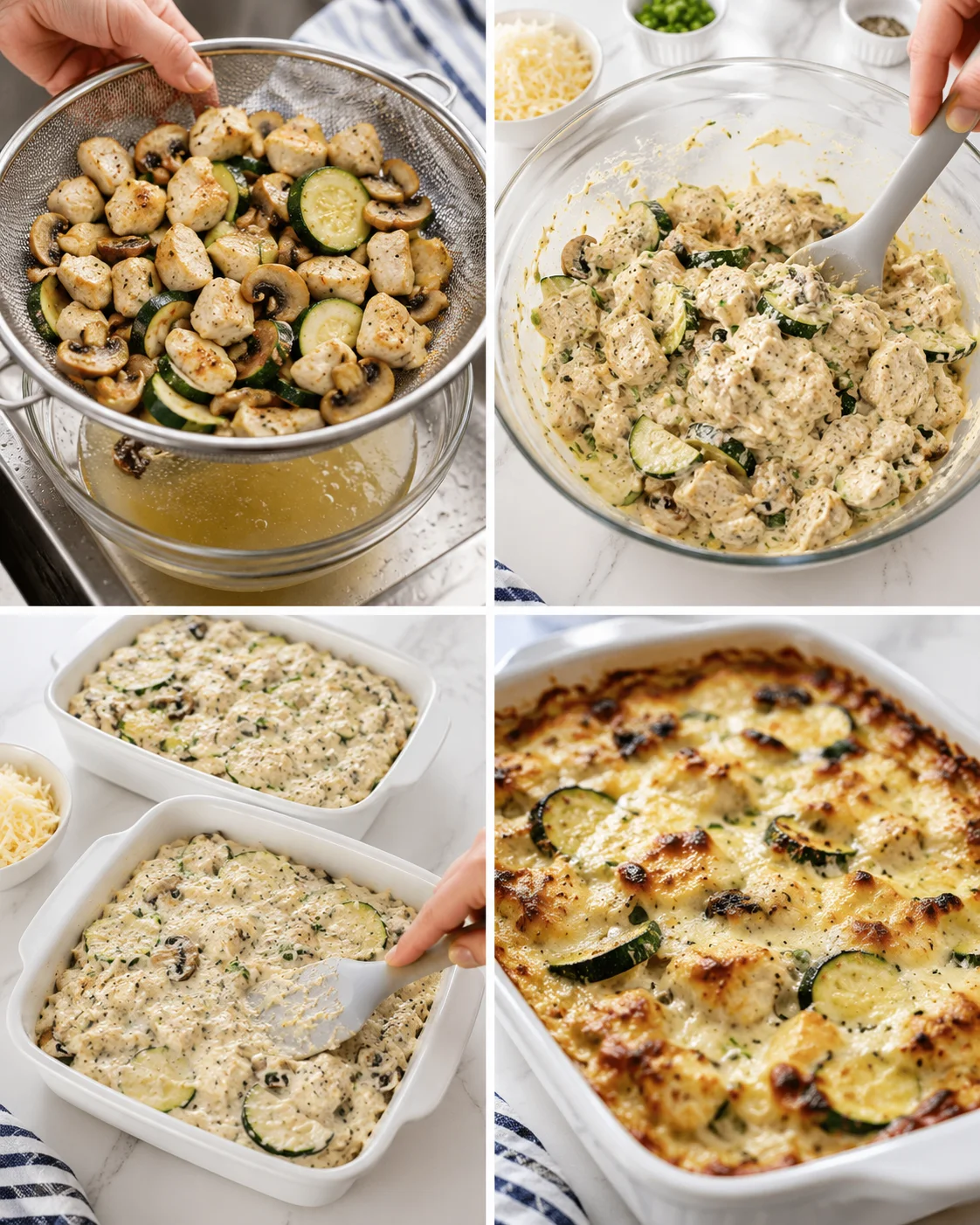 collage of steps showing chicken, zucchini, and mushrooms being sautéed, mixed with creamy sauce, and baked