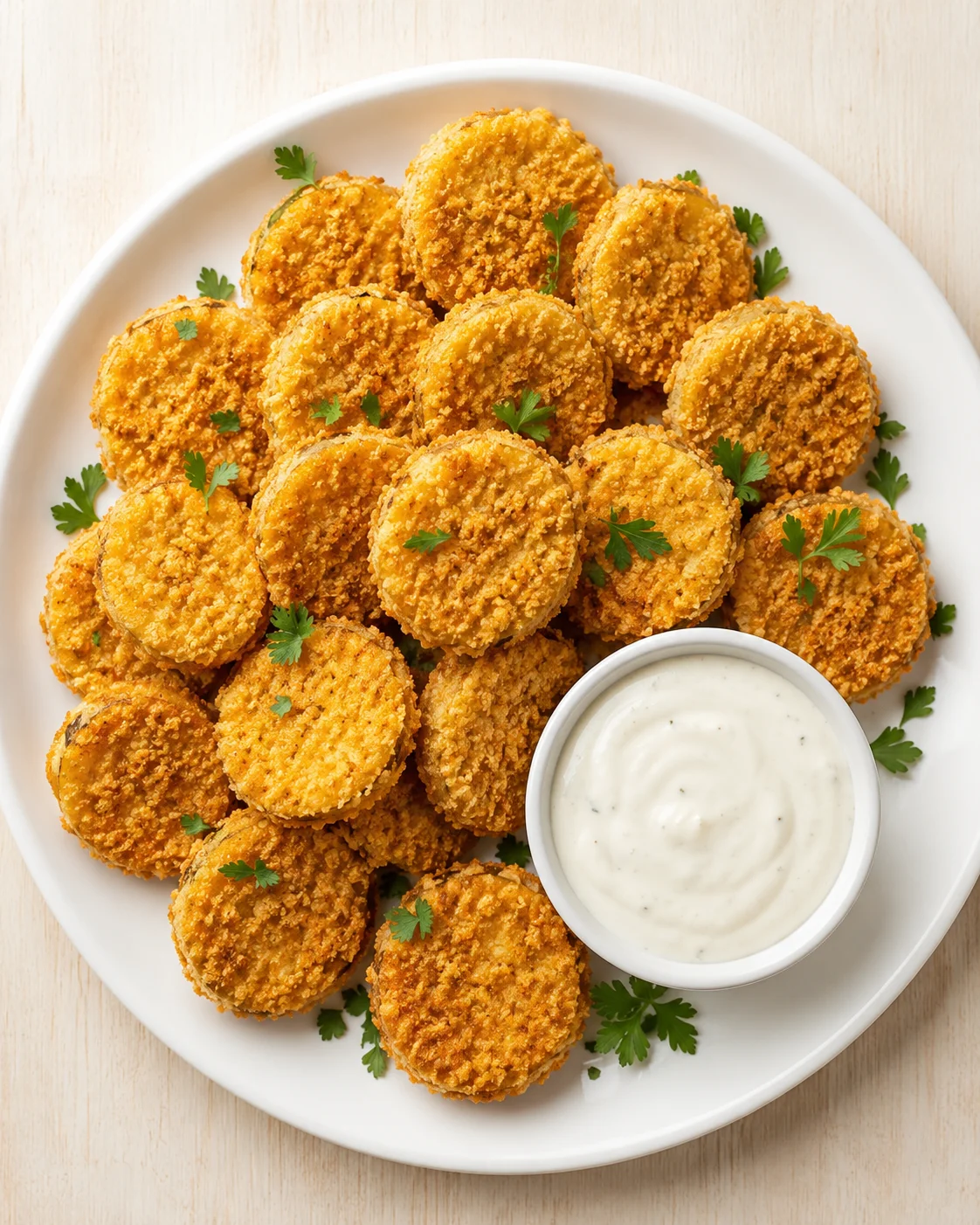 Plate of golden, breaded croquettes with parsley and a small bowl of creamy dipping sauce on a light wooden background.