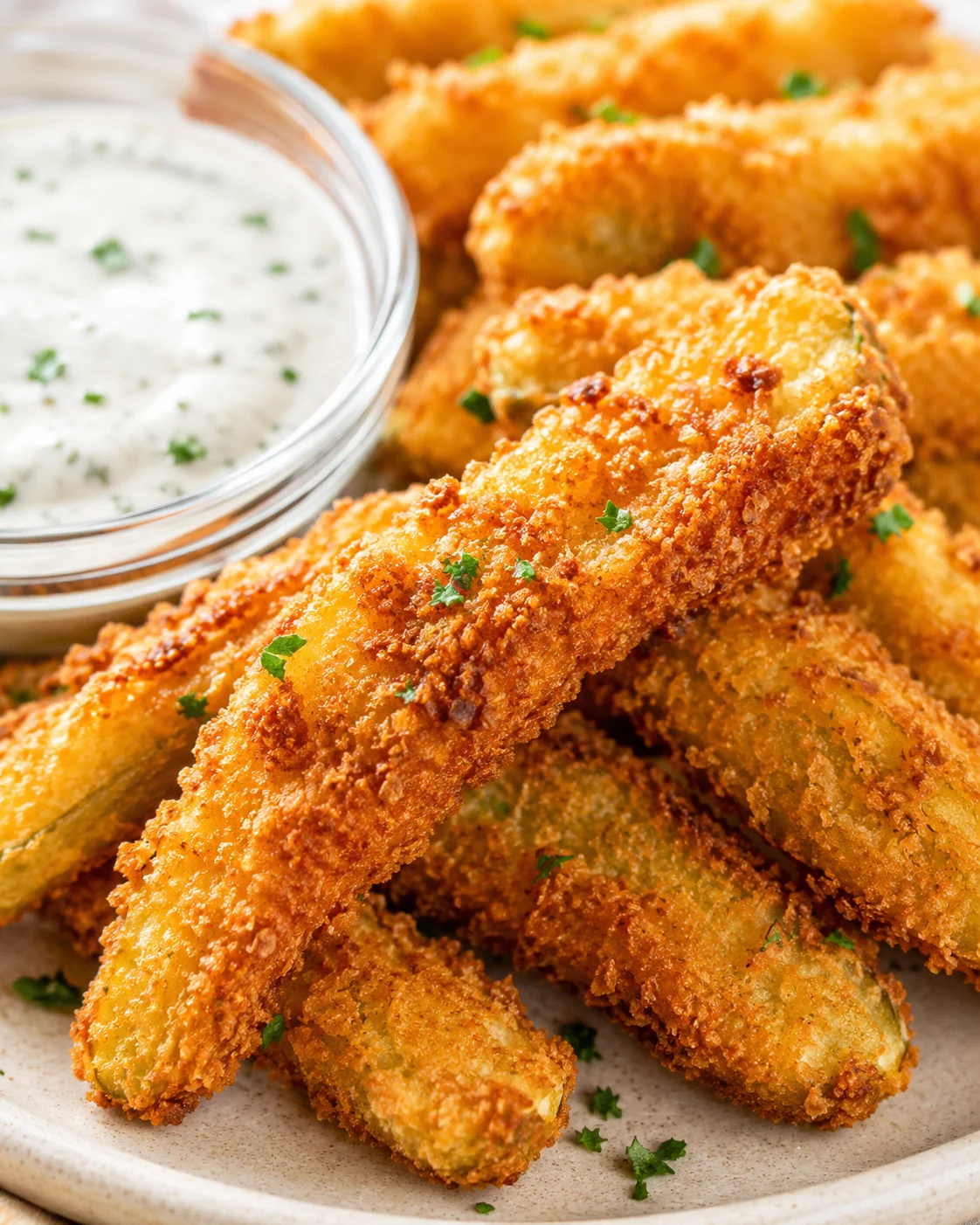 Golden fried breaded sticks on a plate with ranch dip and parsley garnish.