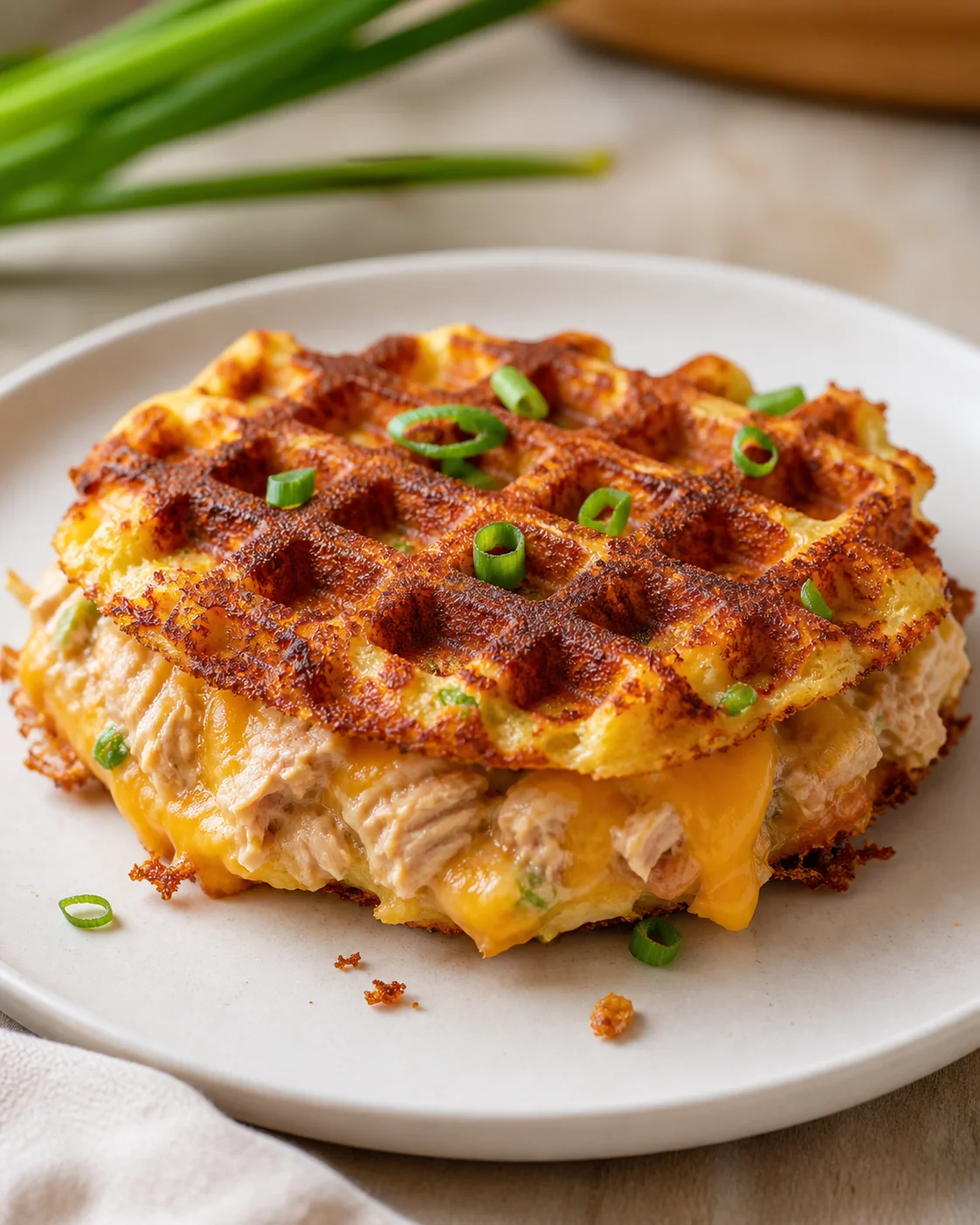 plated crispy waffle topped with creamy cheddar chicken and green onion garnish