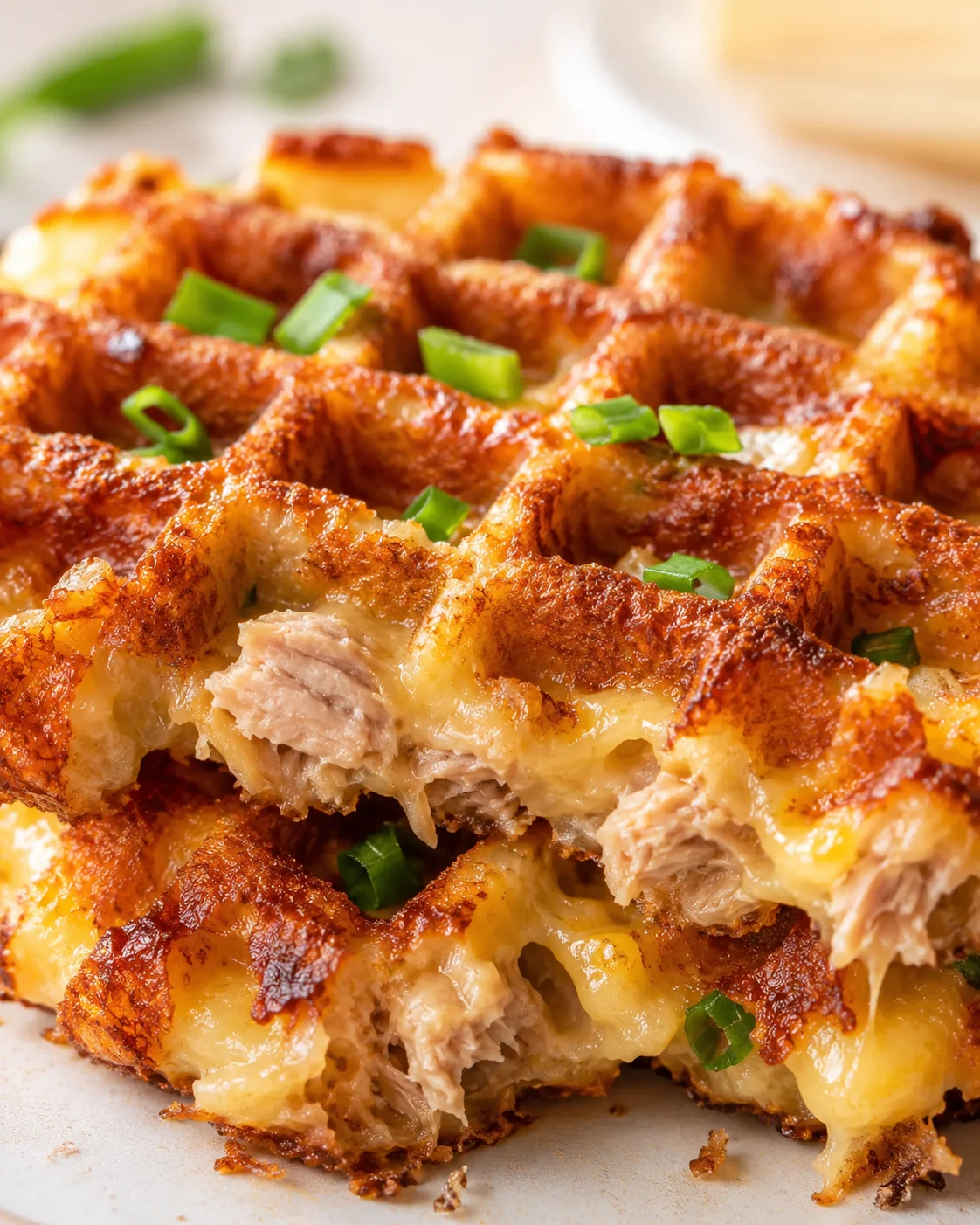 close-up of crispy cheese-filled chicken waffles topped with green onions on a white plate