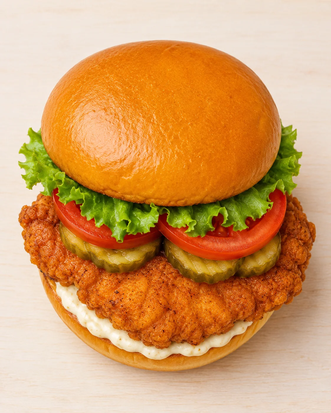 Close-up of a crispy fried chicken sandwich with lettuce, tomato, pickles, and mayo on a glossy bun.