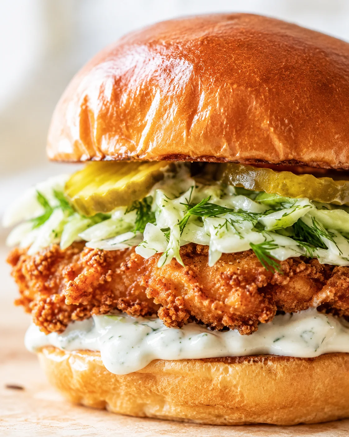 close-up of a crispy fried chicken sandwich with dill slaw and pickles