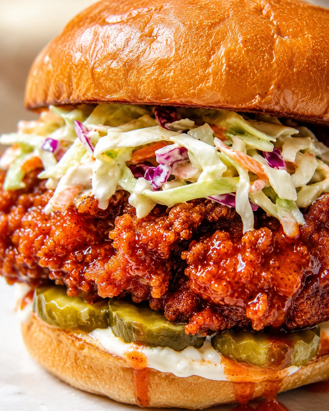 Close-up of a glossy brioche bun sandwich with crispy fried chicken, creamy slaw, pickles, and sauce.