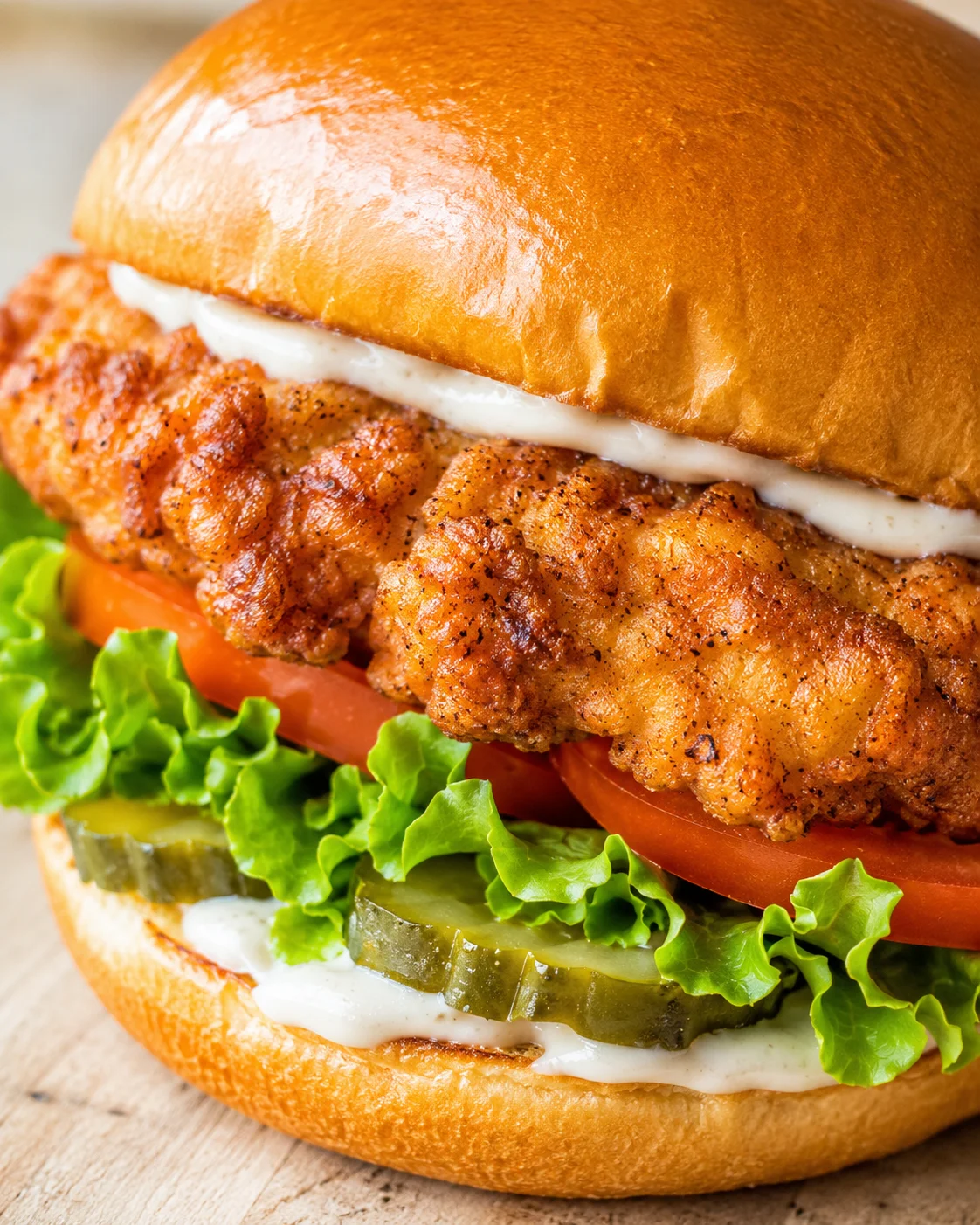 close-up of crispy fried chicken sandwich with lettuce, tomato, pickles, and mayo