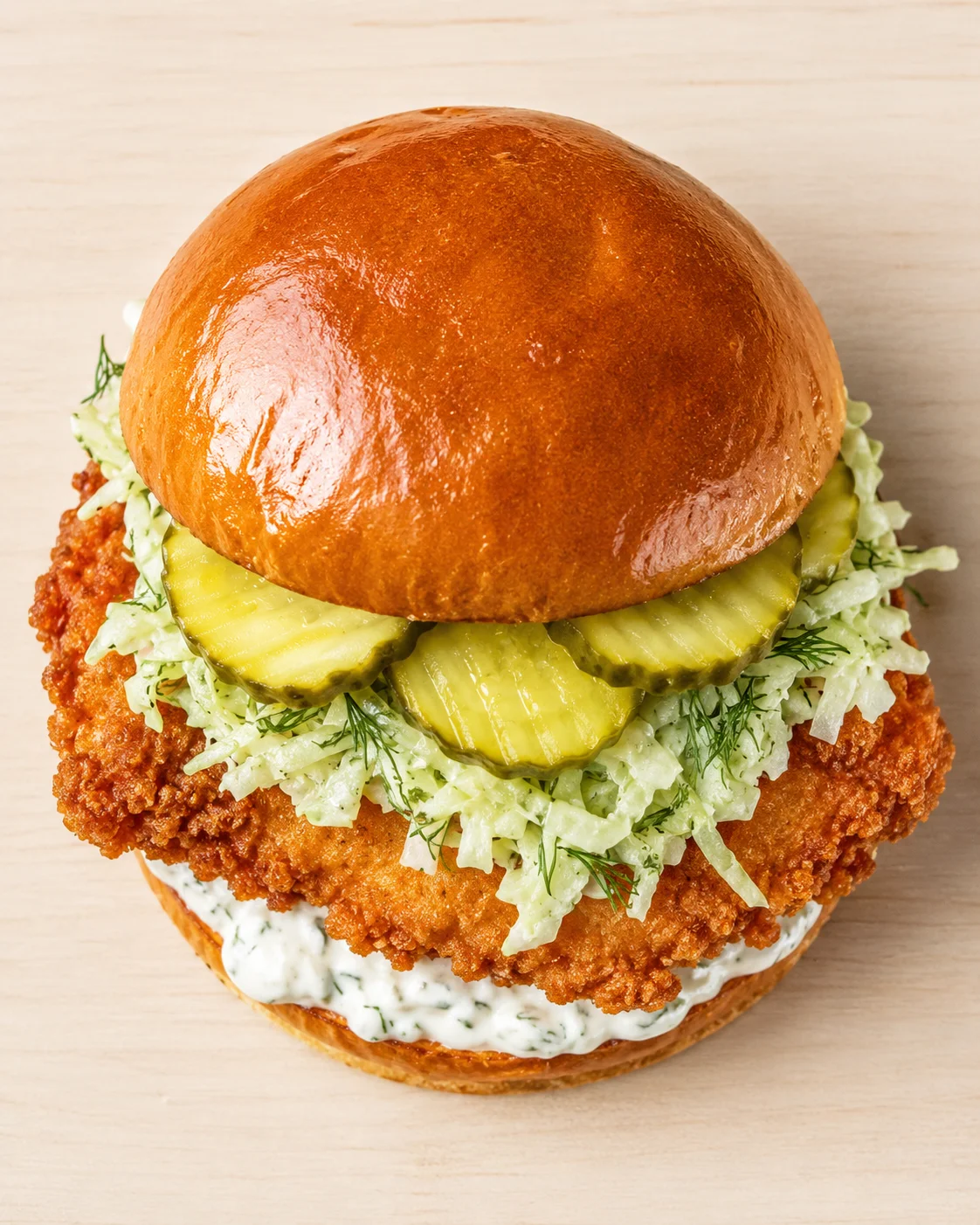 glossy brioche bun over a crispy fried chicken sandwich with pickles, dill-slaw, and herbed mayo