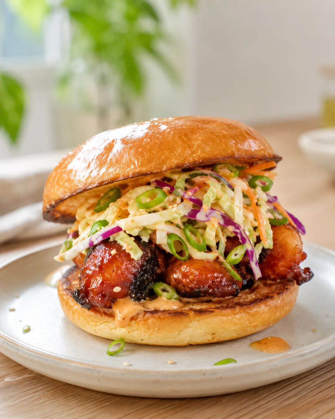 Glossy brioche bun sandwich with crispy glazed chicken and vibrant slaw on plate.