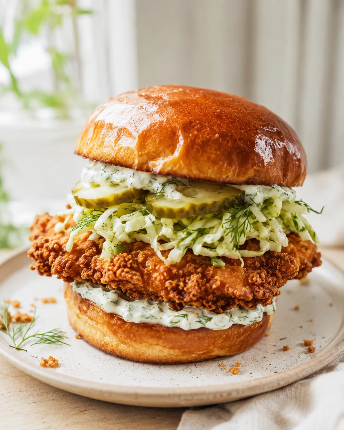 Glossy brioche bun sandwich with fried chicken, dill-slaw, and pickle slices on a beige plate.