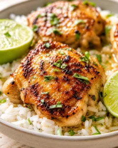 Two crispy roasted chicken thighs resting on white rice with lime wedges and herbs.