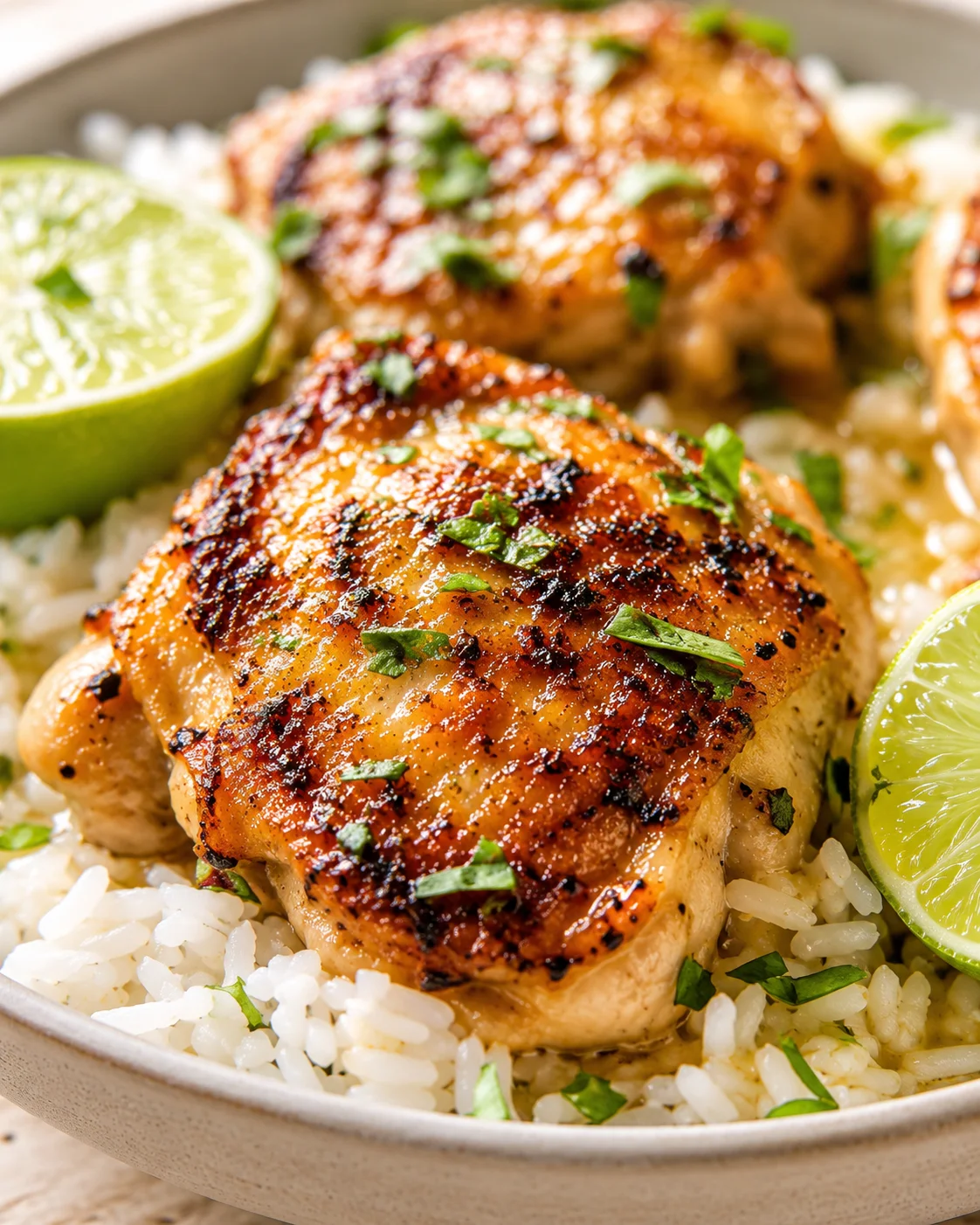 Two crispy roasted chicken thighs resting on white rice with lime wedges and herbs.