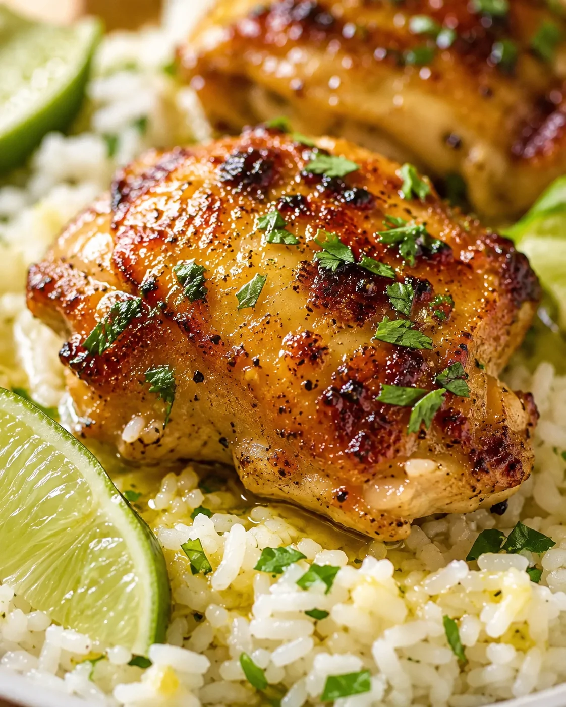 crispy roasted chicken atop parsley-scented rice with lime wedges, bright greens.