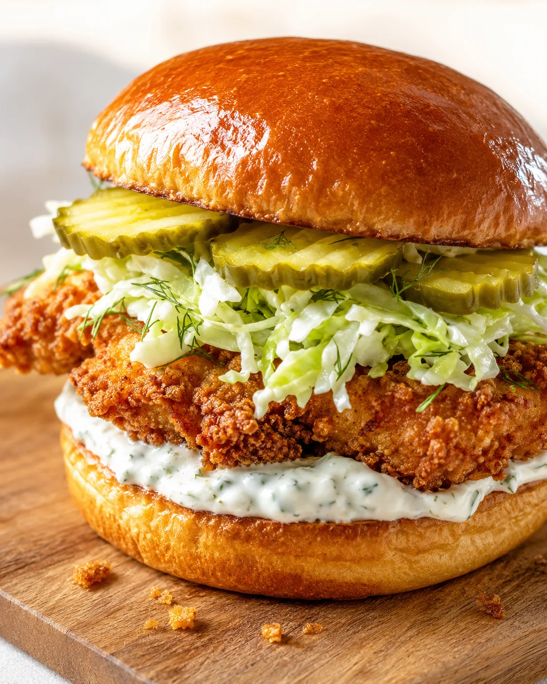 Close-up of a crispy fried chicken burger with pickles, shredded cabbage, and dill on a glossy brioche bun.