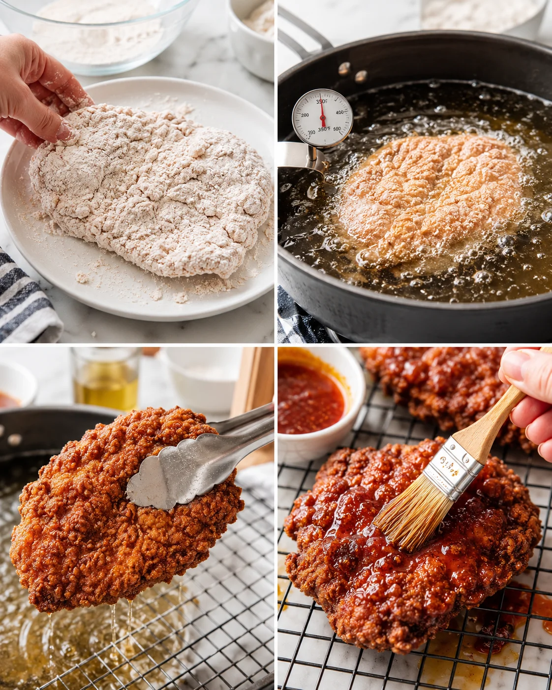 Collage of breaded chicken dough, frying in oil, and glazed fried chicken pieces.