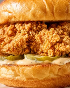 Close-up of a crispy fried chicken sandwich with pickles and creamy spread between a glossy bun.