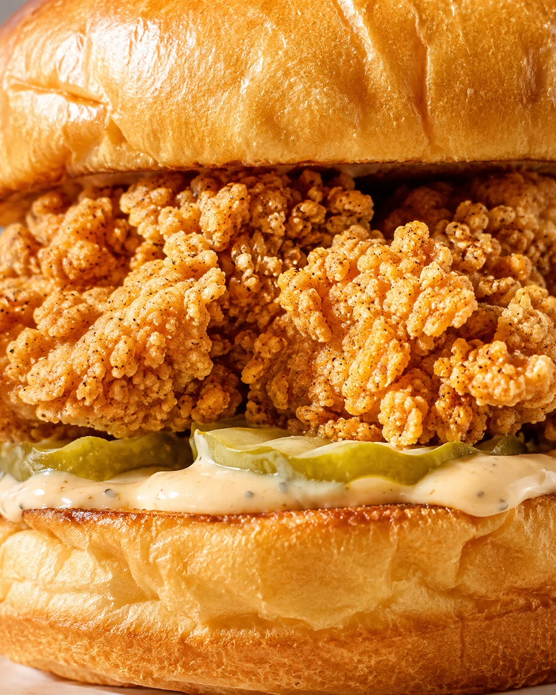 Close-up of a crispy fried chicken sandwich with pickles and creamy spread between a glossy bun.