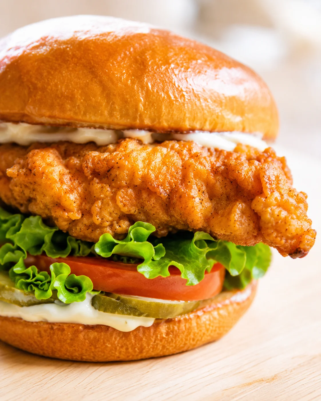 Close-up of a crispy fried chicken sandwich with lettuce, tomato, pickles, and mayo on a shiny bun.