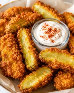 Golden-brown fried pickle spears surround a bowl of creamy ranch dip, dusted with paprika.