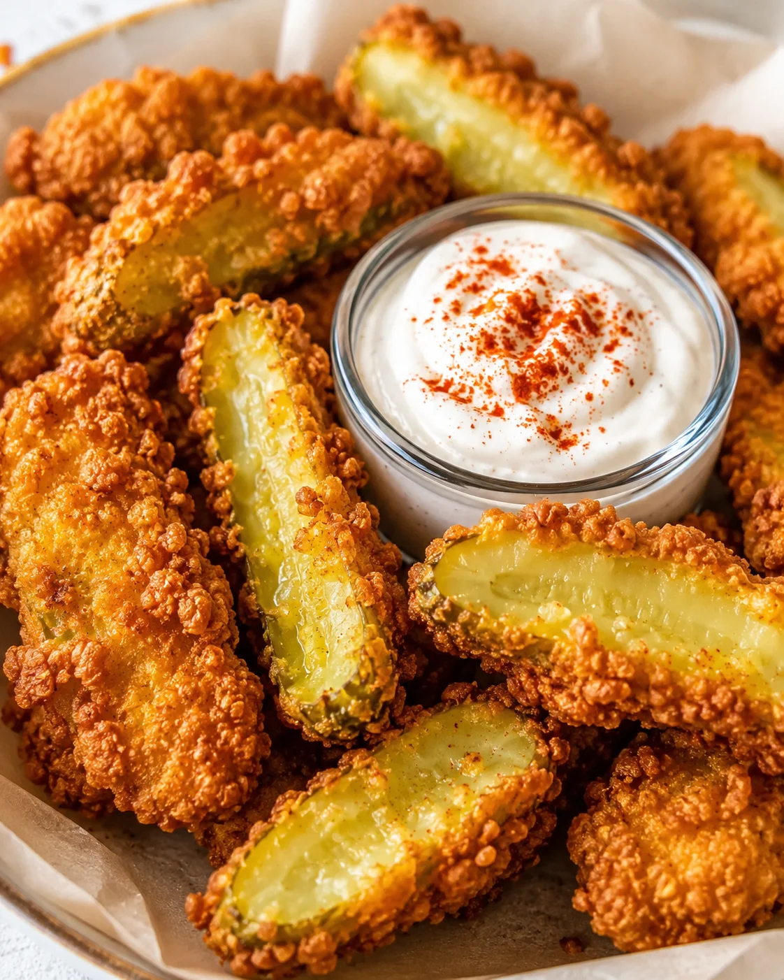 Golden-brown fried pickle spears surround a bowl of creamy ranch dip, dusted with paprika.