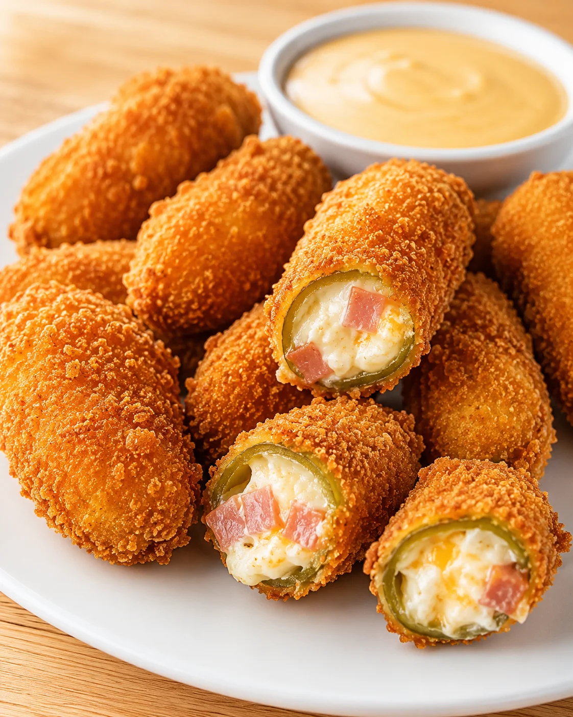 Plate of crispy breaded jalapeño poppers filled with cheese and ham, with orange dipping sauce.