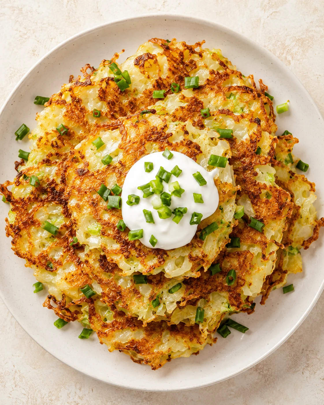 Top-down plate of crispy potato hash browns topped with sour cream and chopped green onions.
