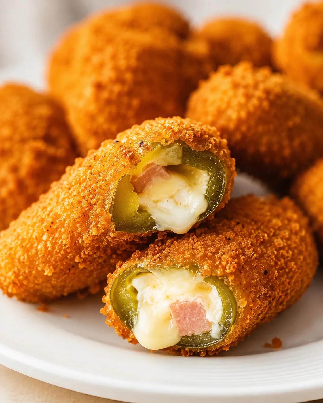 Crispy fried jalapeno poppers with melted cheese and ham filling on a white plate.