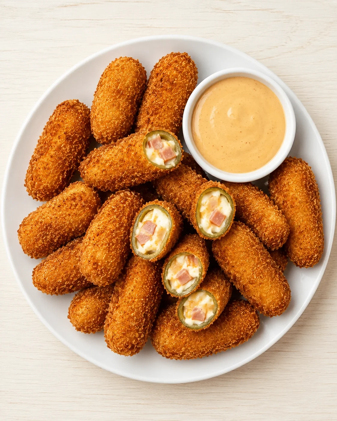 Crispy fried jalapeño poppers stuffed with cheese and ham on a white plate with dipping sauce.