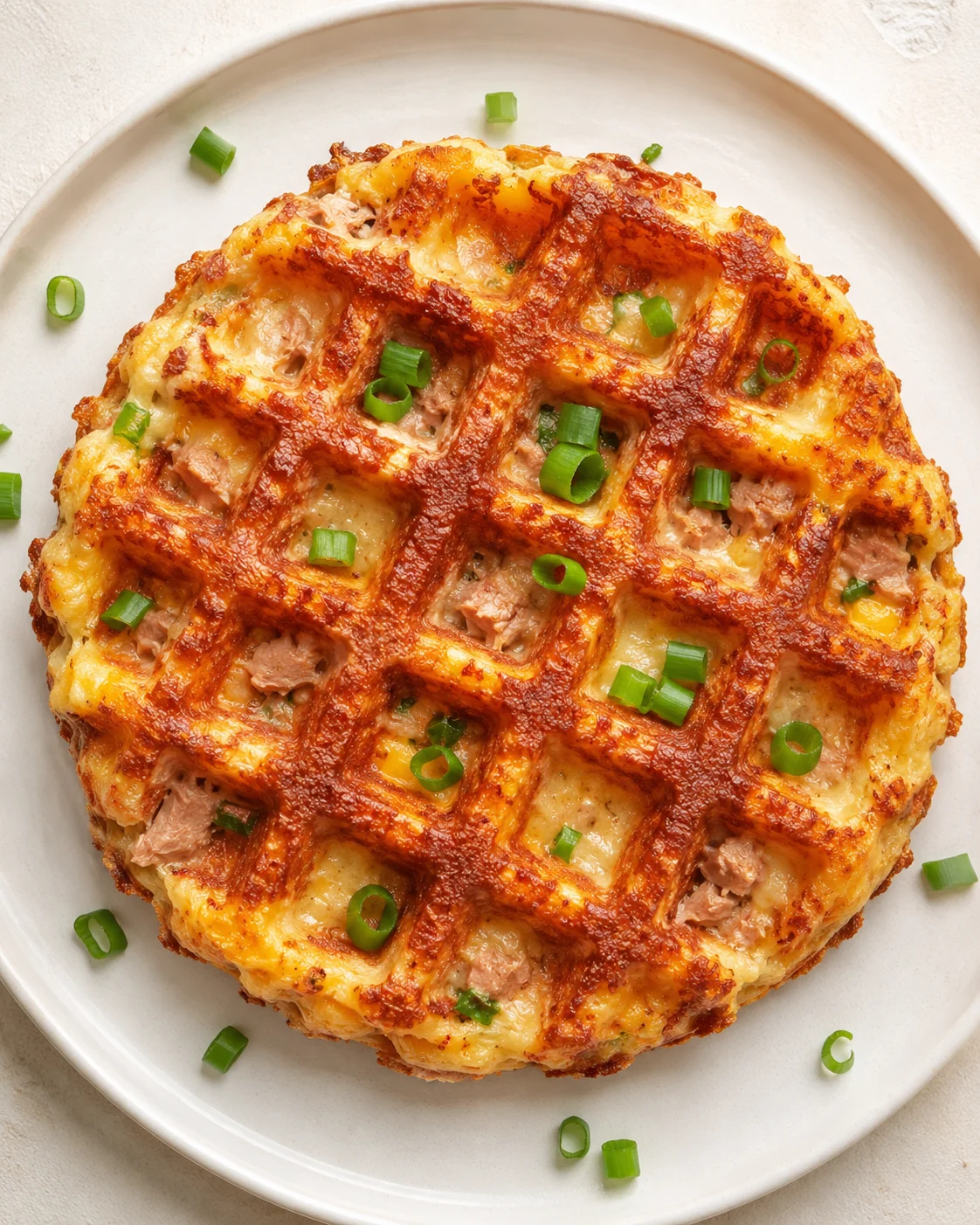 Round potato pancake with grid pattern, melted cheese, and green onion garnish on a white plate.