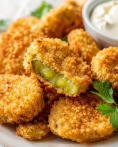Golden fried pickle bites with a creamy dip and a sprig of parsley