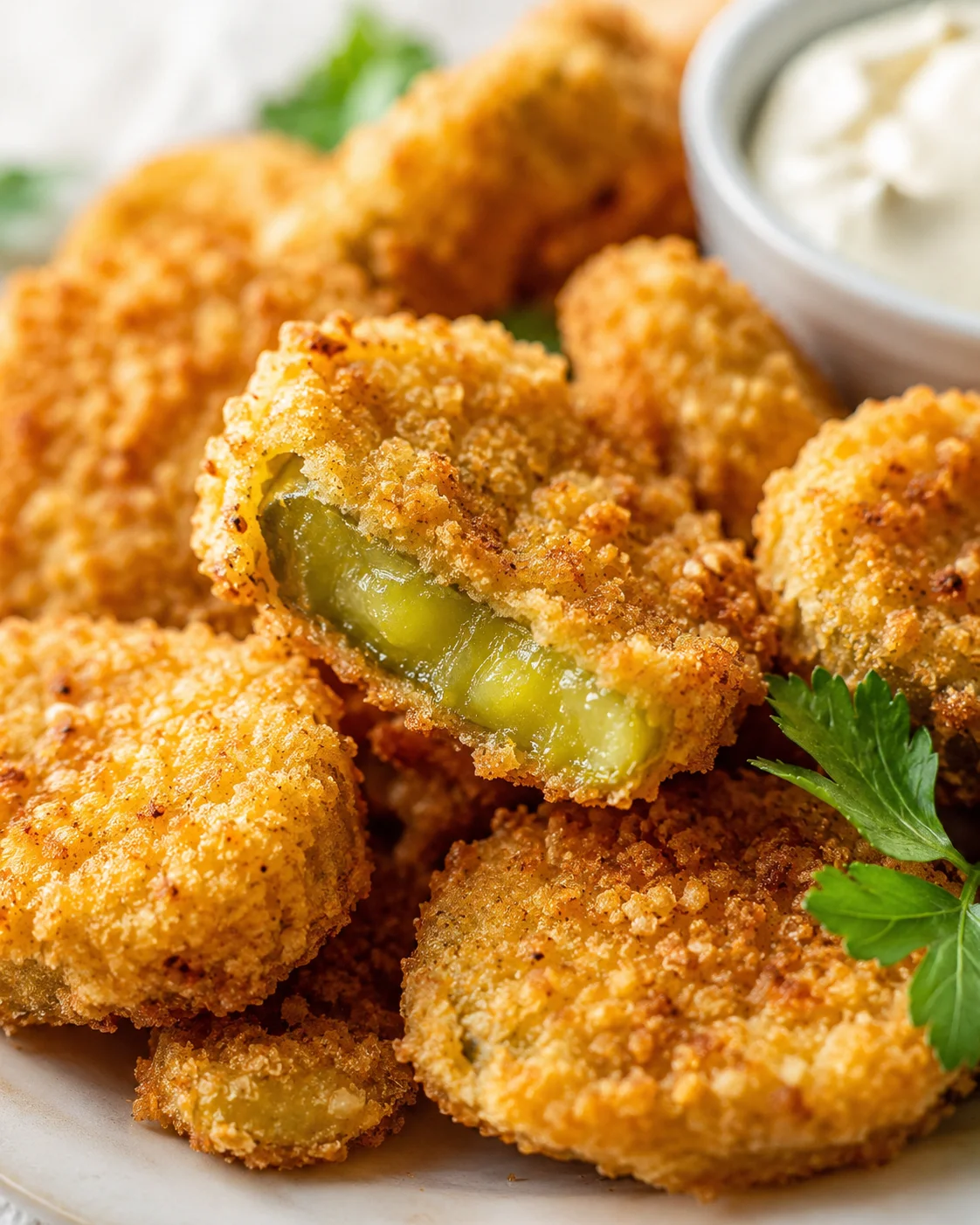 Golden fried pickle bites with a creamy dip and a sprig of parsley