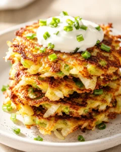 Stack of crispy potato pancakes topped with sour cream and chopped chives.