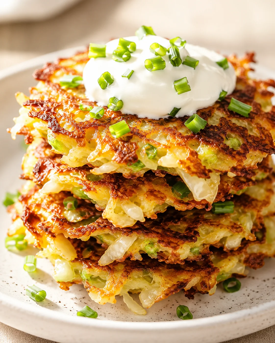 Stack of crispy potato pancakes topped with sour cream and chopped chives.