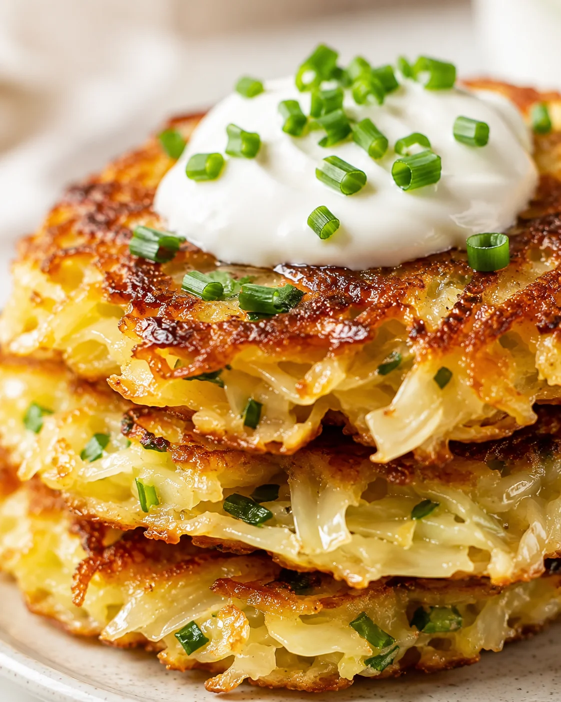 golden crispy potato rosti stack topped with sour cream and chives