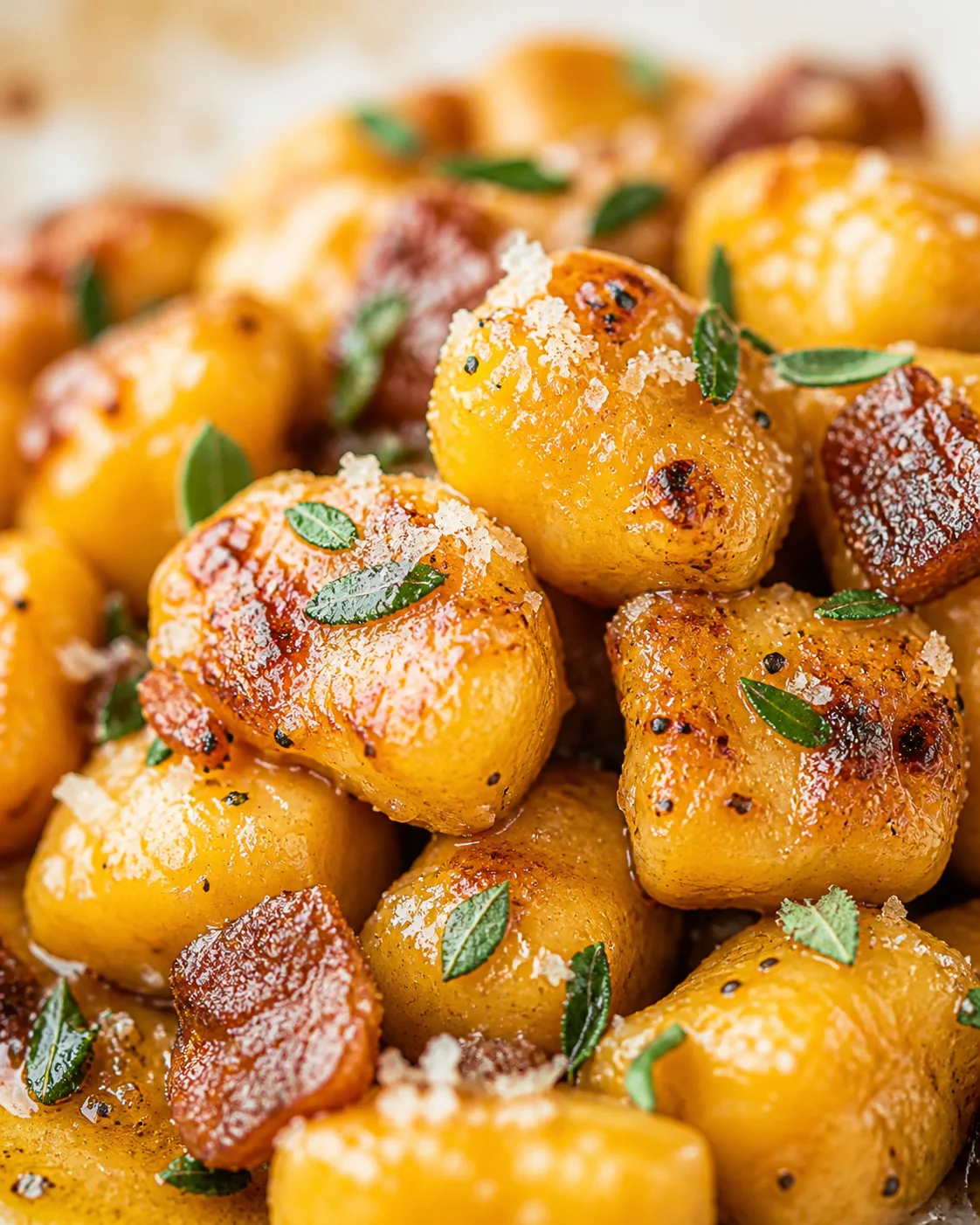 Close-up of golden crispy roasted potatoes sprinkled with coarse salt and sage leaves.