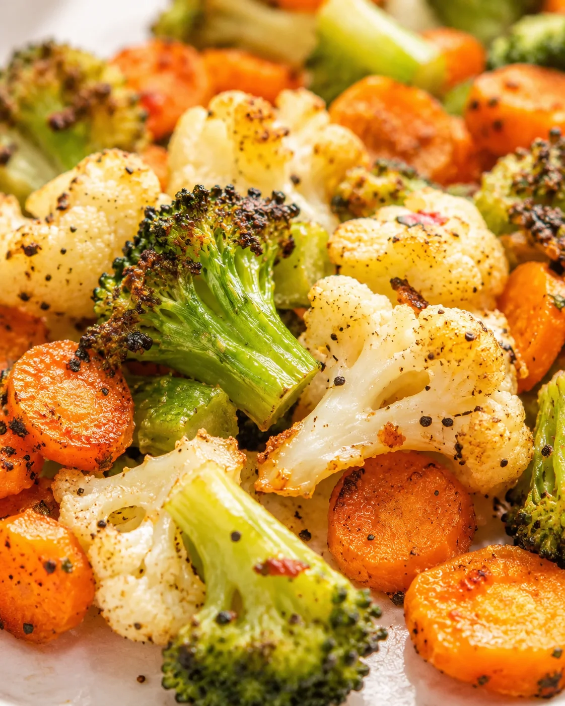 Close-up of crispy-roasted broccoli, cauliflower, and carrot pieces with caramelized edges.