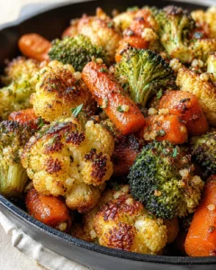 Close-up of crispy roasted carrots, broccoli, and cauliflower in a dark skillet.