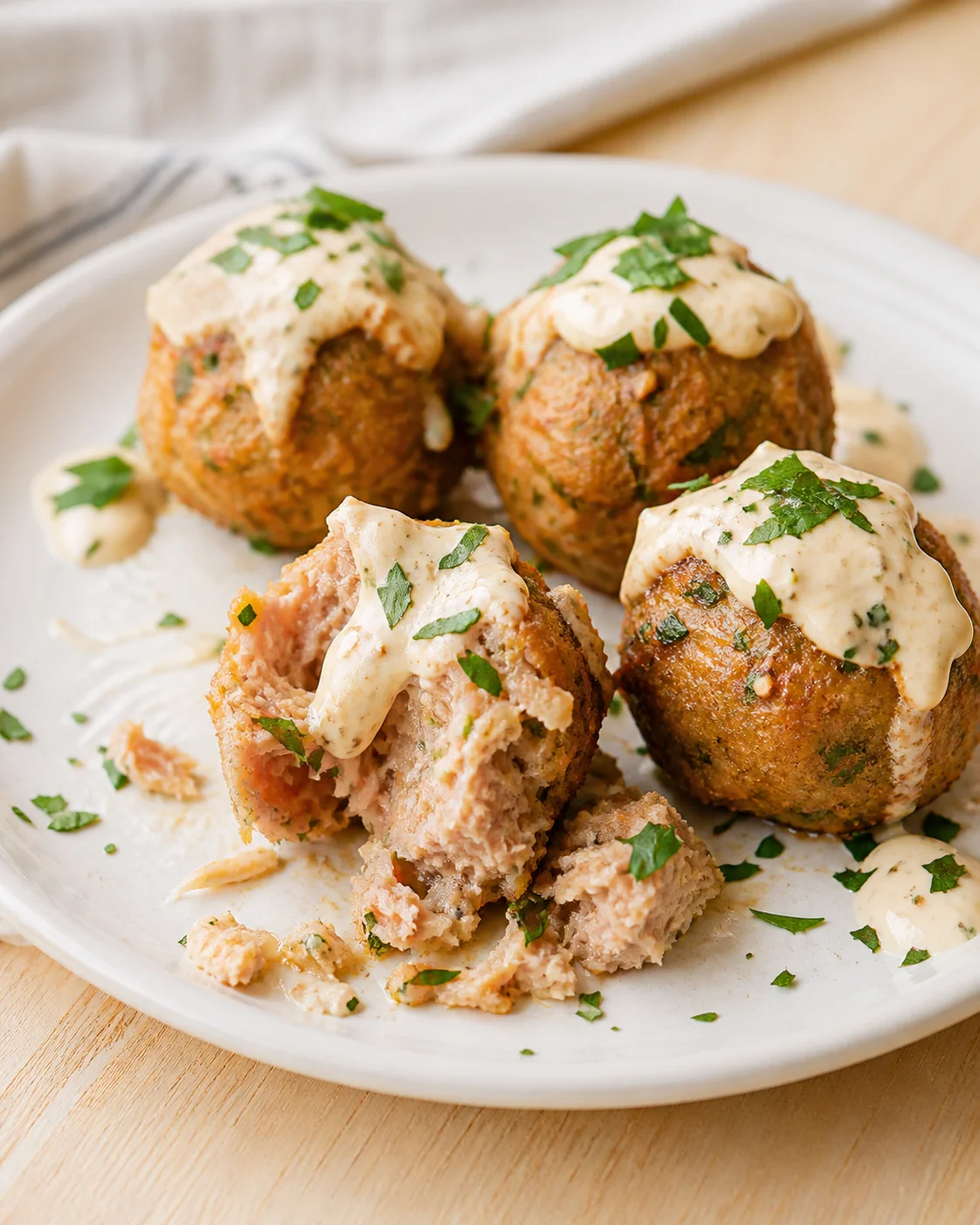 Golden-brown croquettes topped with creamy herb sauce and chopped parsley on a white plate.