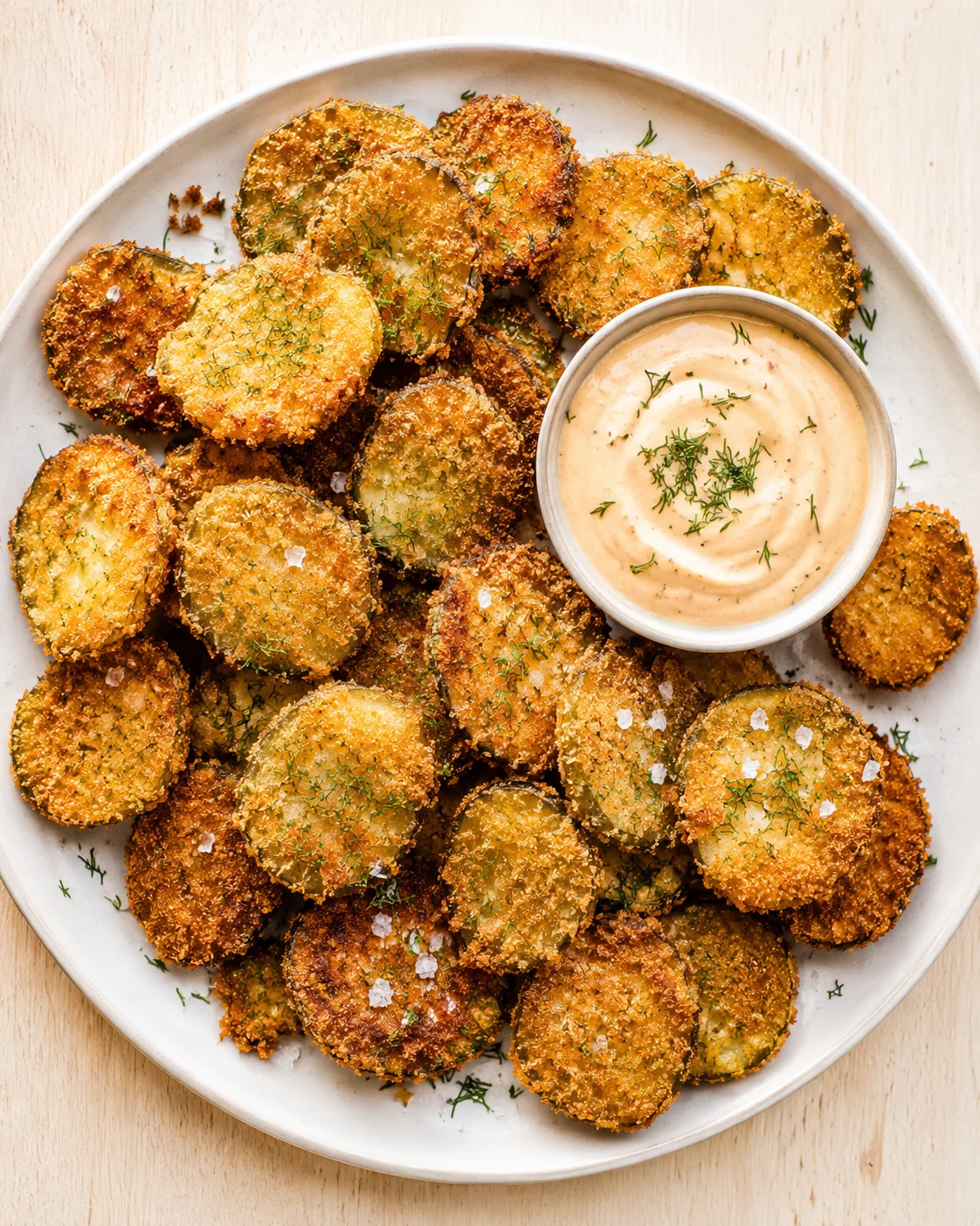 Golden fried zucchini chips on a white plate with creamy orange dip and dill.