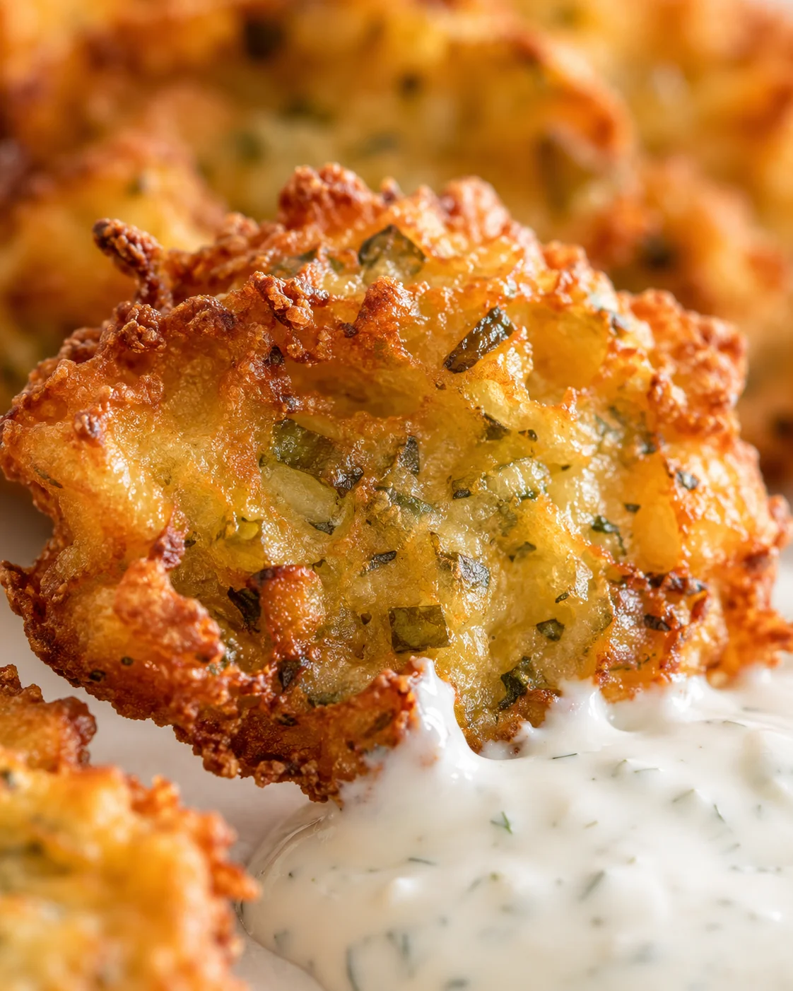 Close-up of a crispy fried fritter with a creamy dill sauce on a plate.