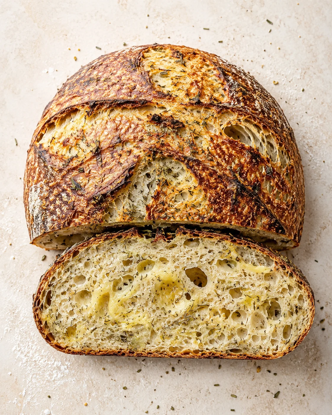 crusty rustic bread loaf with herb specks, sliced to reveal airy crumb.