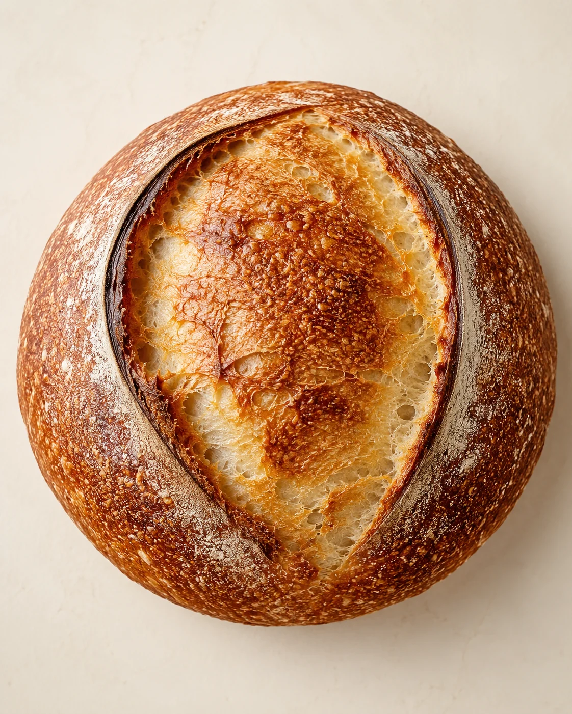round crusty sourdough loaf with a single deep score on pale background