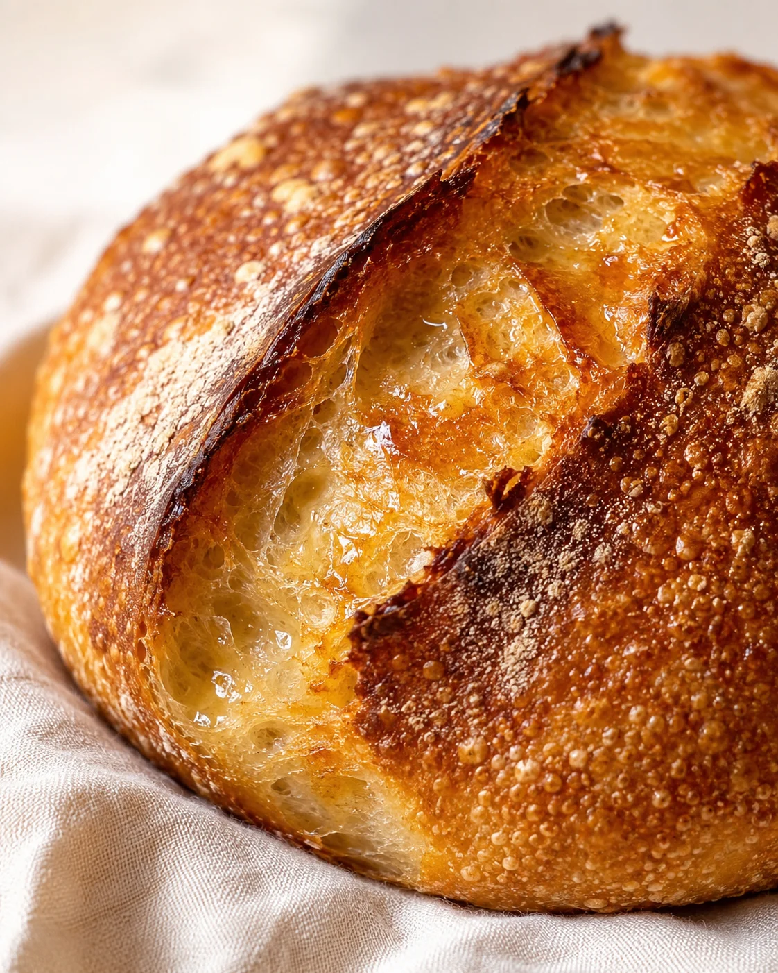 Close-up of a golden crusty loaf with sesame-seeded crust on a light cloth.