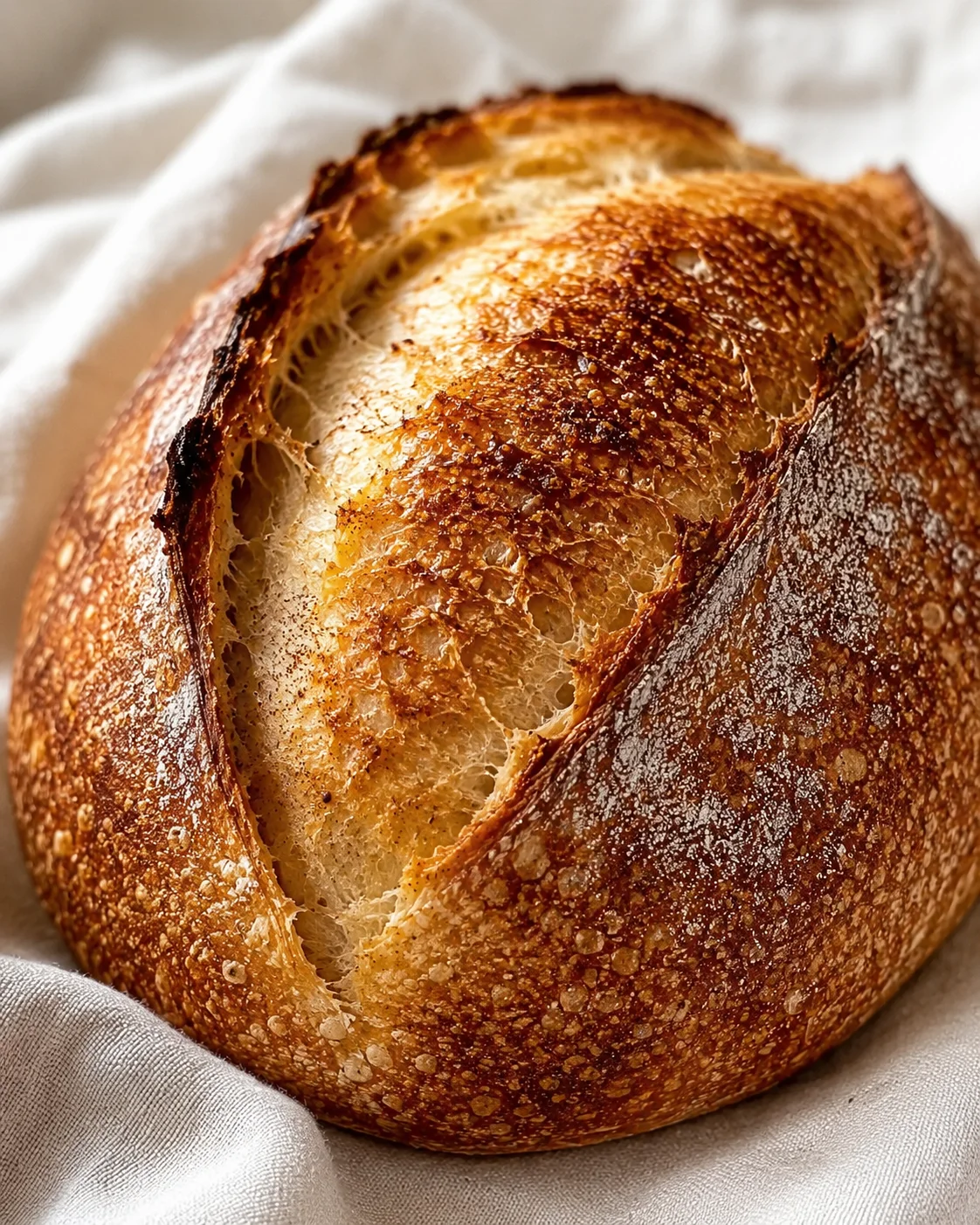 close-up of a crusty golden-brown sourdough loaf on a white cloth