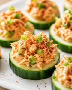 Cucumber rounds topped with creamy tuna salad and green onion curls.