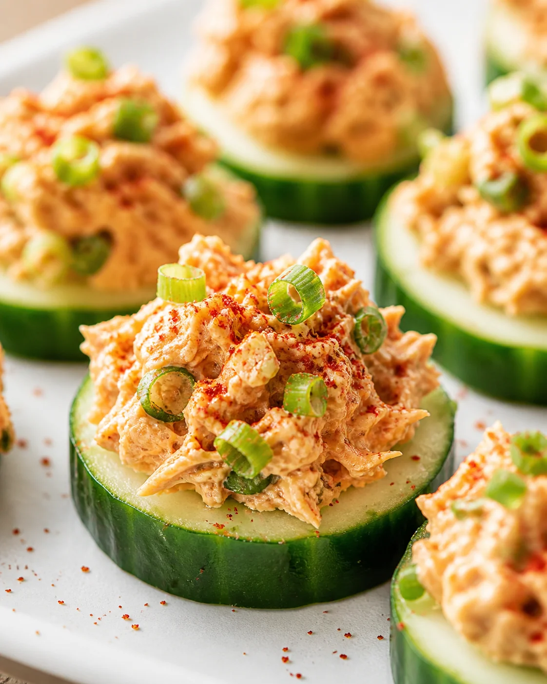 Cucumber rounds topped with creamy tuna salad and green onion curls.
