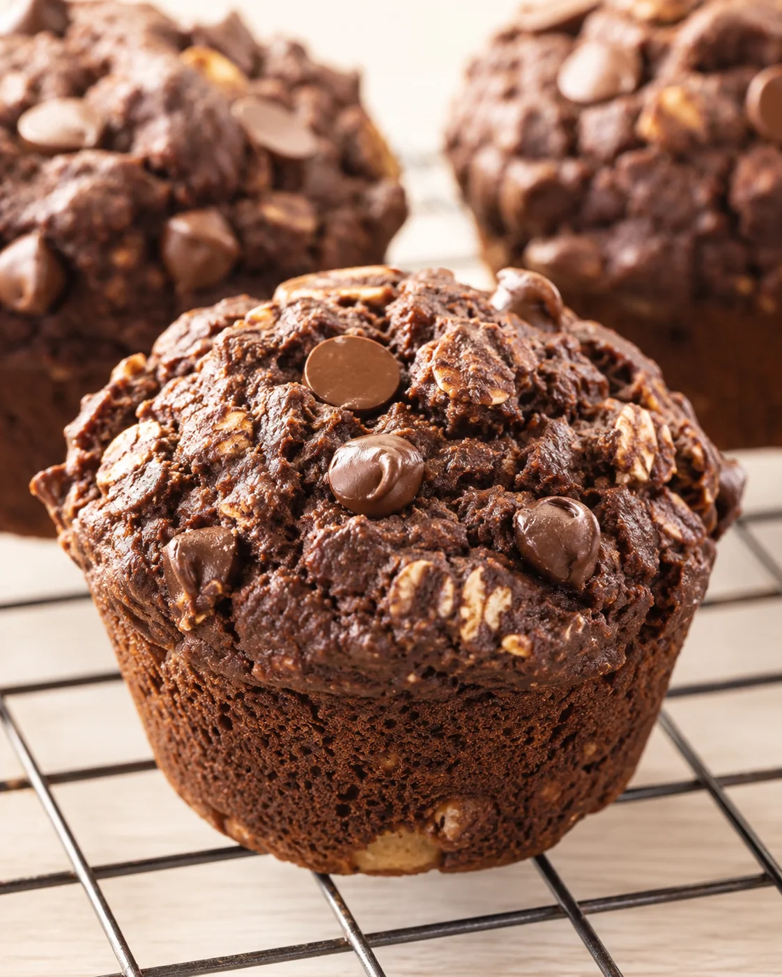 Close-up of a dark chocolate muffin topped with chips on a cooling rack