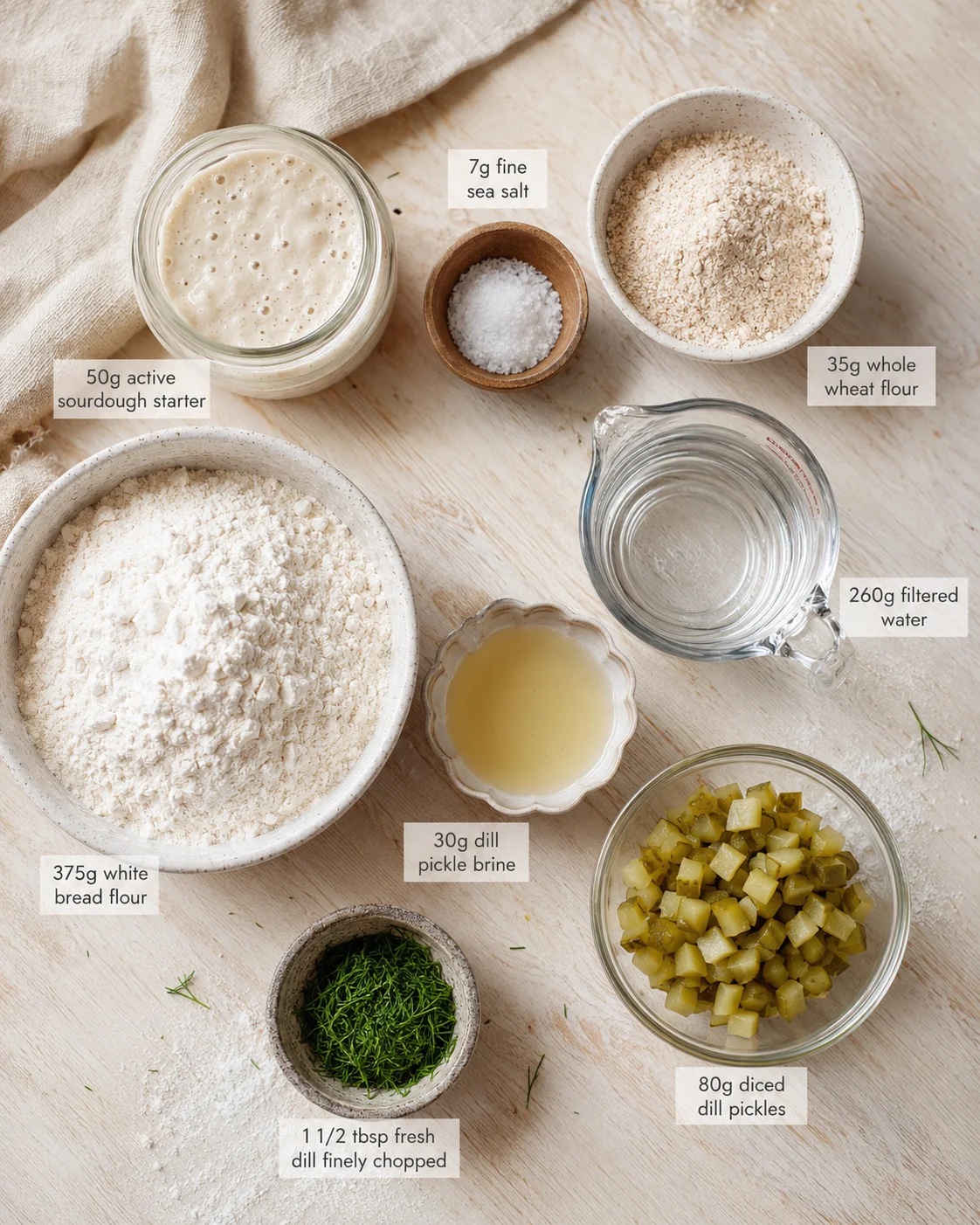 top-down view of sourdough ingredients arranged on a light wooden board, with dill, pickles, and brine