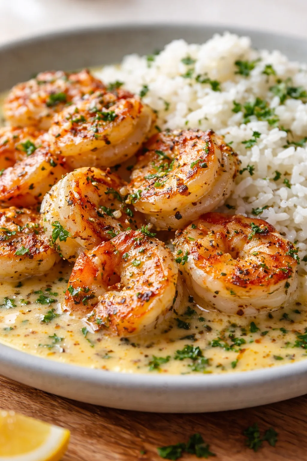 Tight detail shot of Creamy Garlic Butter Shrimp with Rice highlighting texture