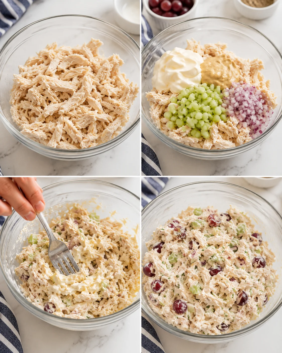 collage showing four steps of chicken salad preparation, from shredded chicken to finished mix with celery, grapes, and onions.